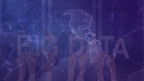 BIG DATA fading in starting globe rotating with nodes hands feeding data Stock Footage 310637967