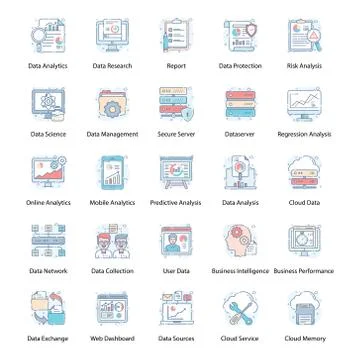 Big Data Flat Line Icons Pack 스톡 일러스트