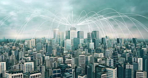 Big Data Flowing Over a 3D Smart City Network. Stock Footage 302994832