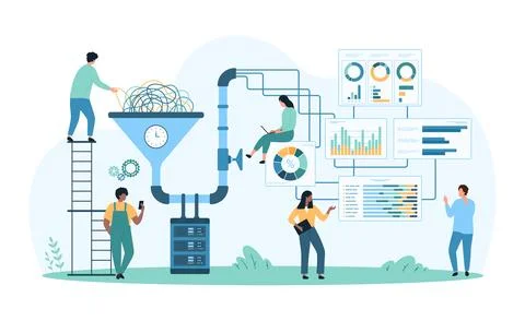 Big data funnel, AI technology for digital information stream conversion by tiny Stock Illustration