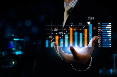 Big data graph virtual screen 2023 in economic analysis and investment financ Stock Photos