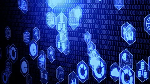 Big Data Icon in Hexagon Border Hovering on Binary Code (Camera Panning) Vídeo Stock 129009696