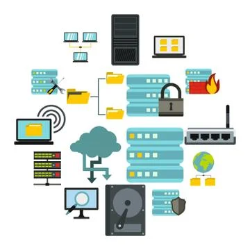 Big data icons set, flat style Stock Illustration