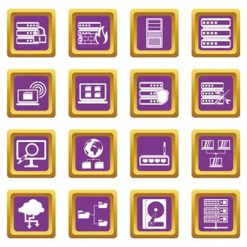 Big data icons set purple Stock Illustration