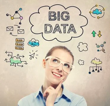 Big Data idea sketch with young business woman 스톡 사진