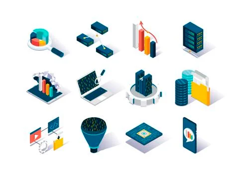 Big data isometric icons set. 스톡 일러스트