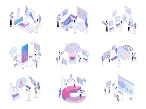Big Data Isometric  Set 스톡 일러스트