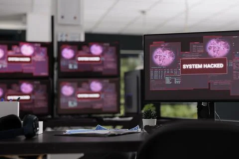 Big data it empty office displaying critical error message showing on pc screen Stock Photos