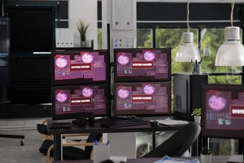 Big data it office with computers displaying critical error message flashing on Stockfoto's