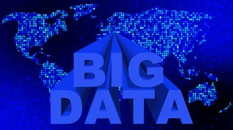 BIG DATA lettering in blue design - letters in front of a world map Illustrazione stock