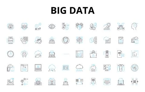 Big data linear icons set. Analytics, Insights, Volume, Velocity, Variety, Cloud Stock Illustration
