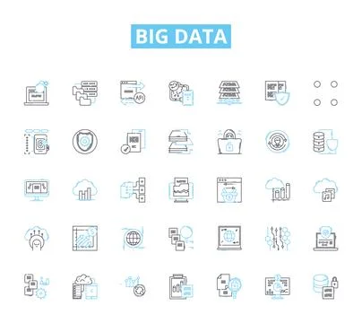 Big data linear icons set. Analytics, Insights, Volume, Velocity, Variety, Cloud Illustrazione stock