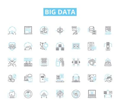 Big data linear icons set. Analytics, Insights, Volume, Velocity, Variety, Cloud Illustrazione stock