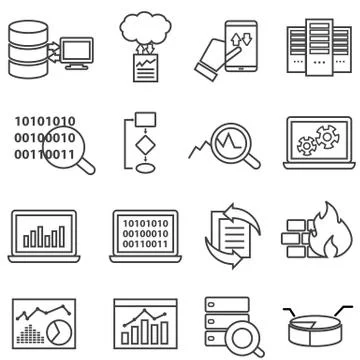 Big data, machine learning and data analysis line icons Illustrazione stock