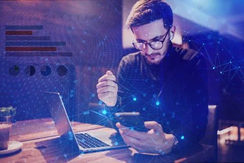 Big data management, digital technology, software development concept. Computer 스톡 사진