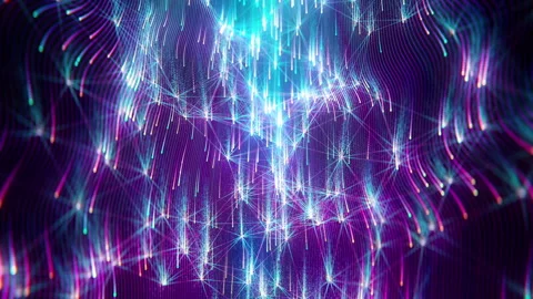 Big data mesh steam. looped. Bright dots fly across the wavy grid waterfall Stock Footage 242122662
