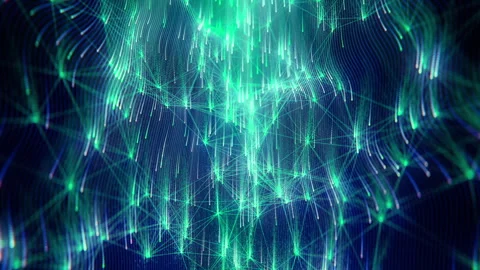 Big data mesh steam. looped. Bright dots fly across the grid waterfall, leaving Stock Footage 242176392