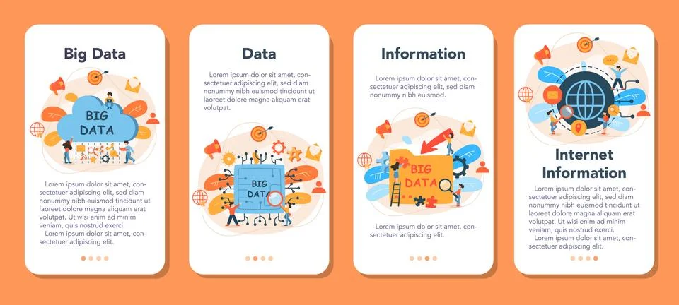 Big data mobile application banner set. Modern computer technology. Illustrazione stock
