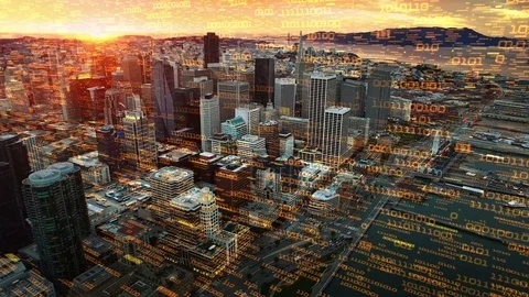 Big data over San Francisco aerial shot. Internet of things. Smart city. Sunset. Vídeo Stock 82706929