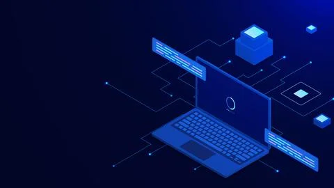 Big data processing with laptop and server isometric Stock Illustration