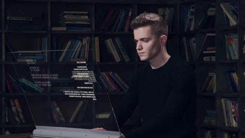 Big data programmer working with program code on transparent screen Stock Footage 152702917