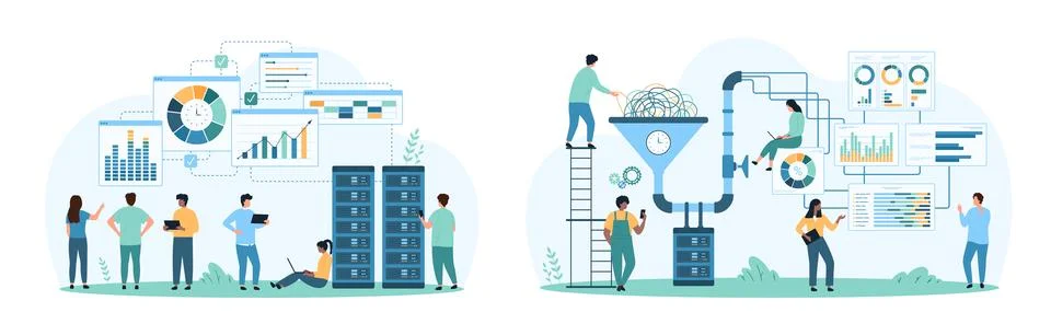 Big data research and conversion process set, tiny people work on digital Stock Illustration