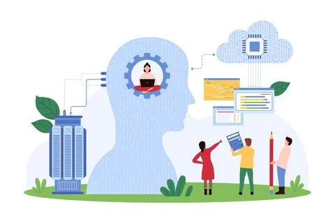 Big data research by tiny people inside AI assistant head and cloud, machine Stock Illustration