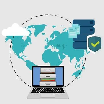 Big data secure storage from laptop with personal documents Stock Illustration