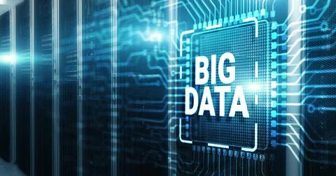 Big data on server racks background. 3d Electronic Circuit Board Chip Stock Illustration