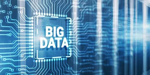 Big data on server racks background. 3d Electronic Circuit Board Chip Stock Photos