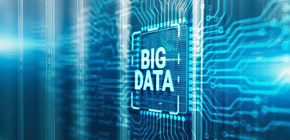 Big data on server racks background. 3d Electronic Circuit Board Chip Stock Photos