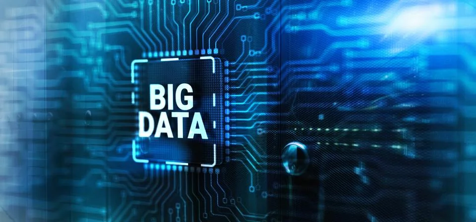 Big data on server racks background. 3d Electronic Circuit Board Chip Stock Photos