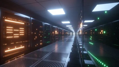 Big data servers. Data Solutions. Server room with working flickering panels  イラスト素材