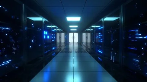 Big data servers. Data Solutions. Server room with working flickering panels  Stock Illustration