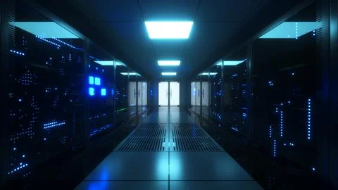 Big data servers. Data Solutions. Server room with working flickering panels  イラスト素材