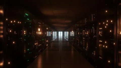 Big data servers. Data Solutions. Server room with working flickering panels  イラスト素材