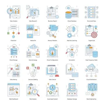 Big Data Services Colores Line Icons Stock Illustration