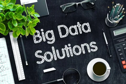Big Data Solutions on Black Chalkboard. 3D Rendering. 스톡 일러스트