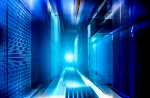 Big data storage center server room motion blur futuristic background Stock Photos