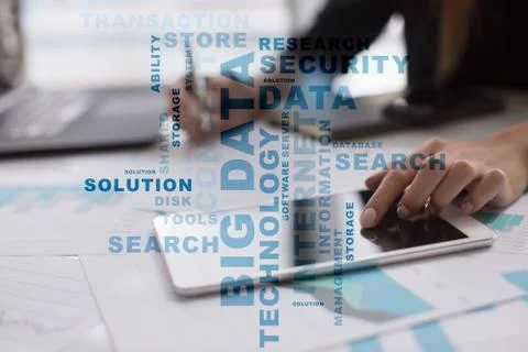 Big data technology and internet concept on the virtual screen. Words cloud Stock Photos