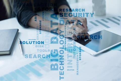 Big data technology and internet concept on the virtual screen. Words cloud. Stock Photos