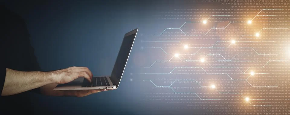 Big data technology background. Using a laptop against the background of Stock Photos