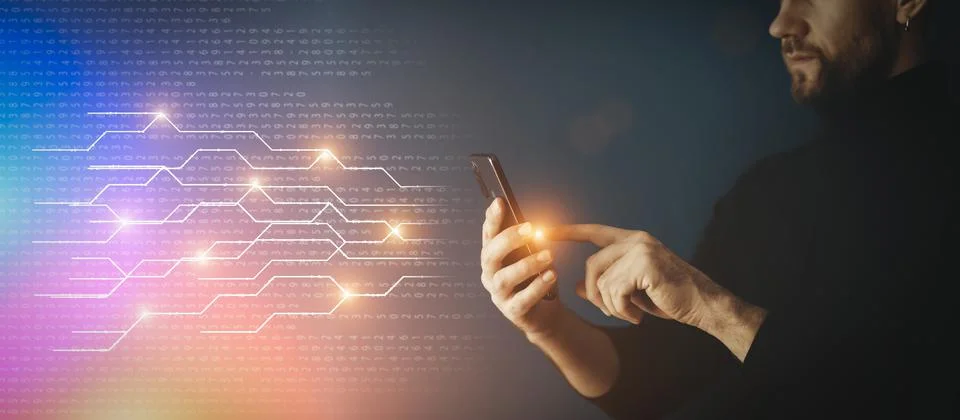Big data technology background. Using a smartphone against the background of Stock Photos