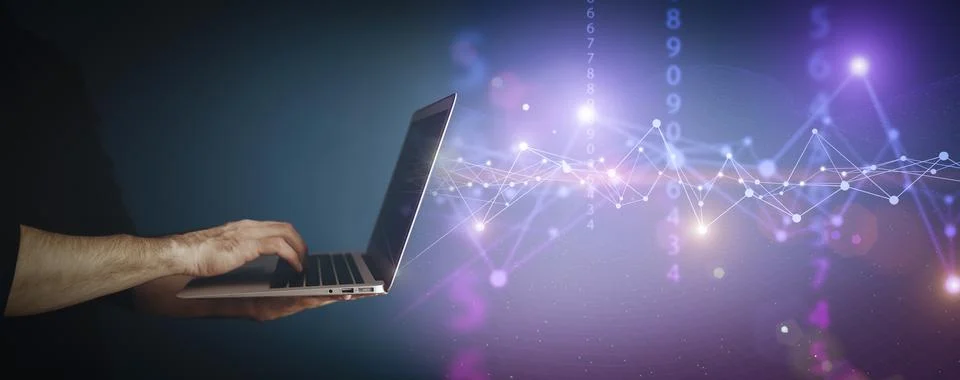Big data technology background. Using a laptop against the background of Stock Photos