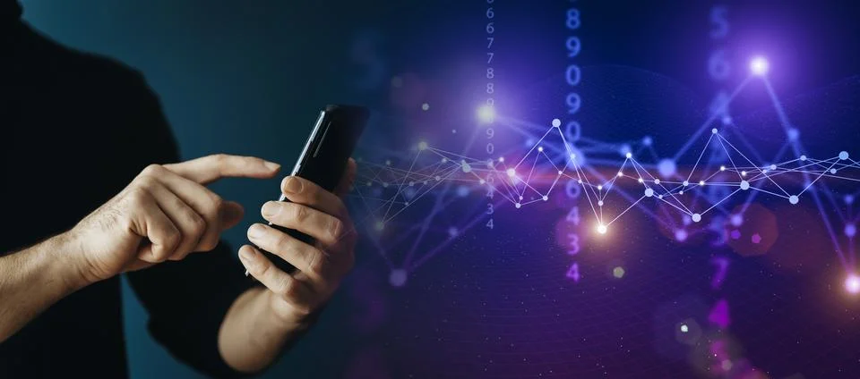 Big data technology background. Using a smartphone against the background of Stock Photos