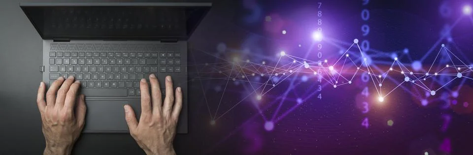 Big data technology background. Using a laptop against the background of Stock Photos
