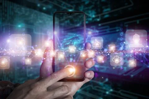 Big data technology background. Using smartphone against the background of Stock Photos