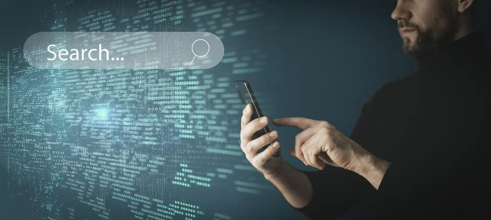 Big data technology background. Using smartphone against the background of Stock Photos