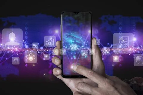 Big data technology background. Using smartphone against the background of Stock Photos