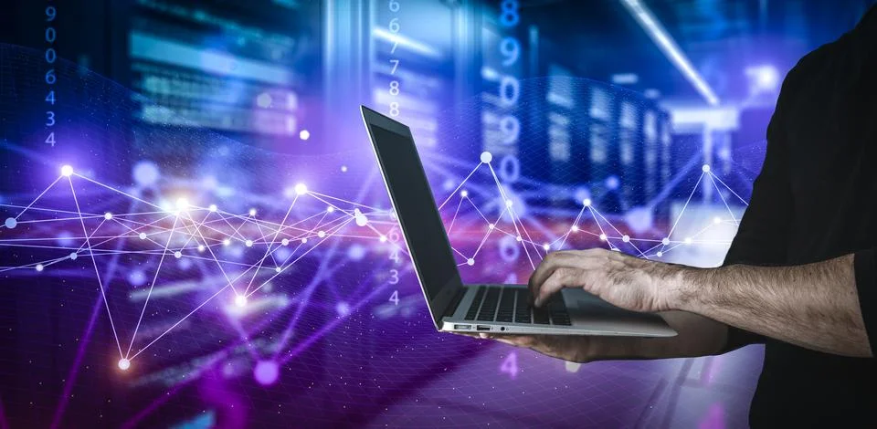 Big data technology background. Using a laptop against the background of Stock Photos